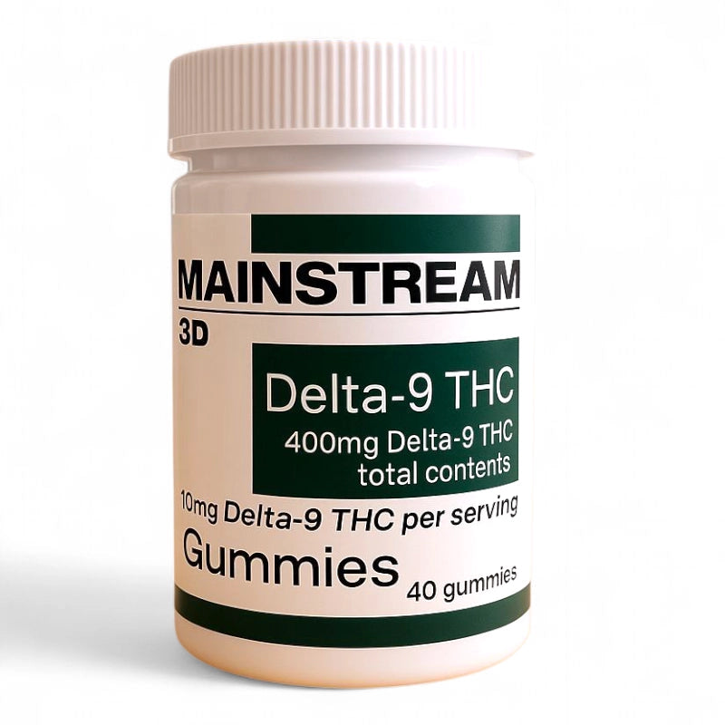 Bottle of Mainstream Delta-9 THC gummies on a white background