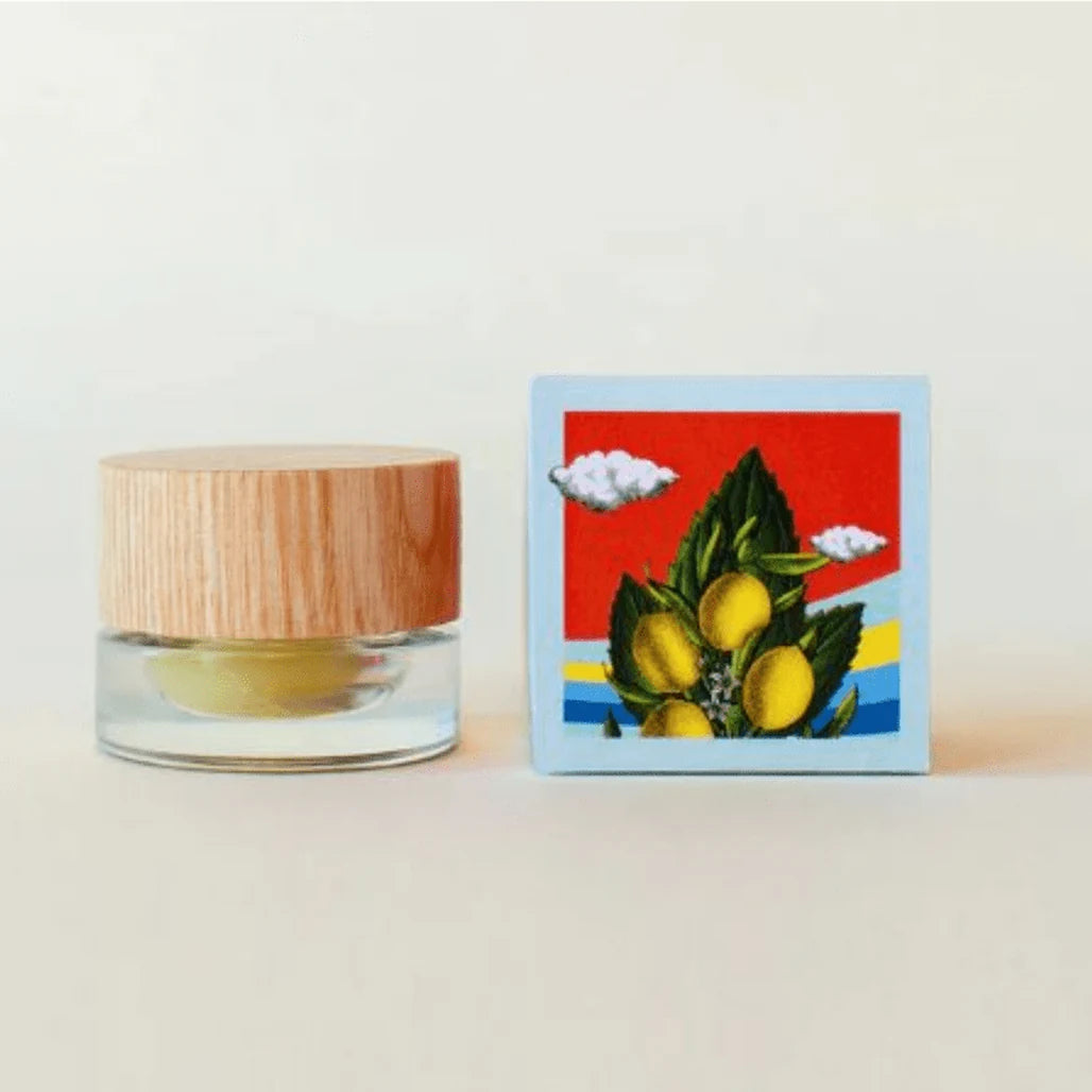 Verist Fresh Air CBD Lip Balm jar with lemon and leaf illustrated box