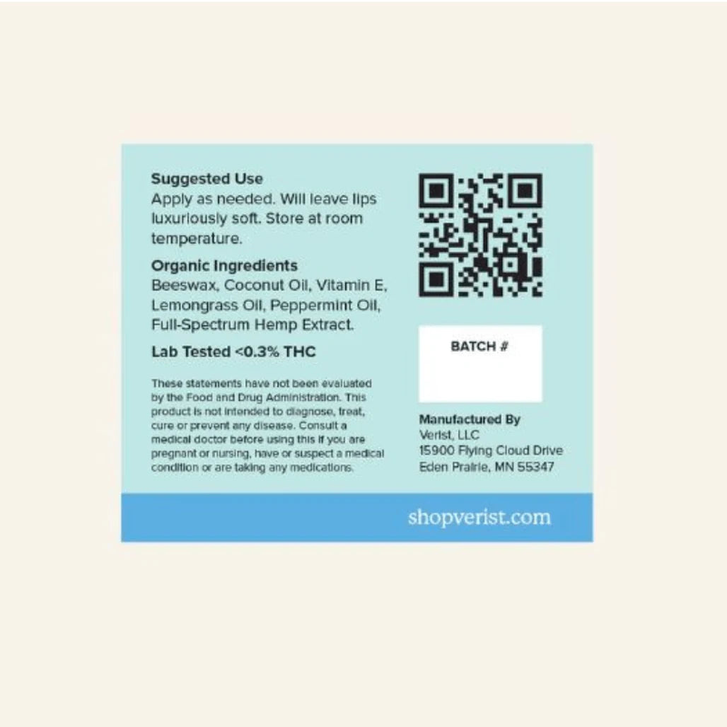 Verist Fresh Air CBD Lip Balm label: suggested use, organic ingredients, lab tested under 0.3% THC