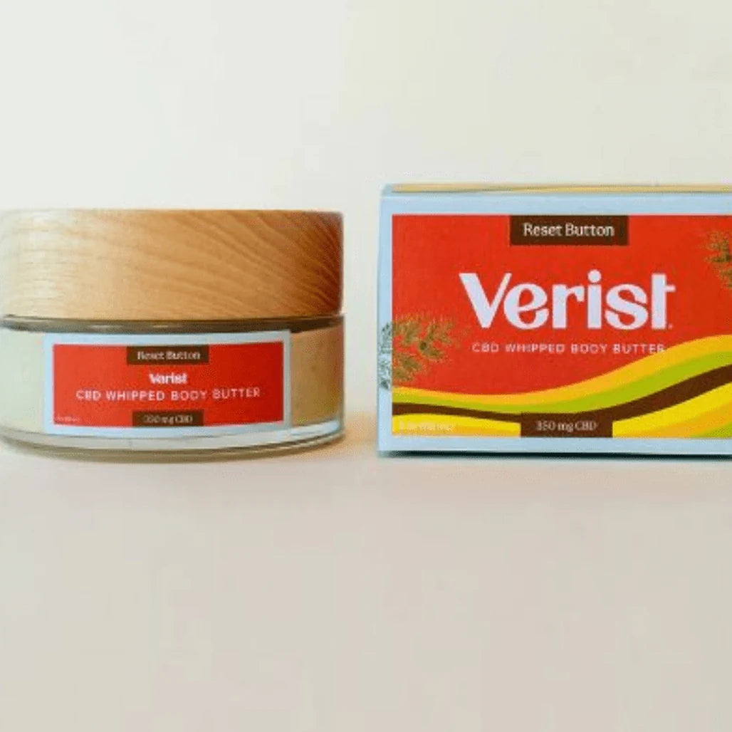 Verist Reset Button CBD Whipped Body Butter 350mg CBD jar with wooden lid next to its box