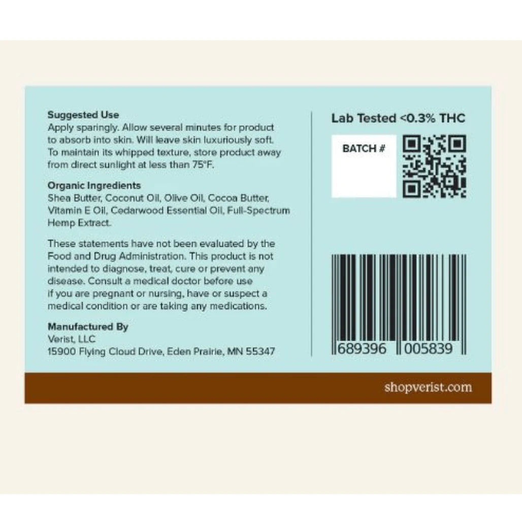 Verist Reset Button CBD Whipped Body Butter label: suggested use, organic ingredients, lab tested under 0.3% THC