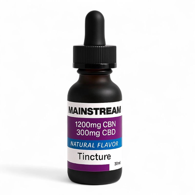 Bottle of Mainstream CBD tincture with a dropper on a white background