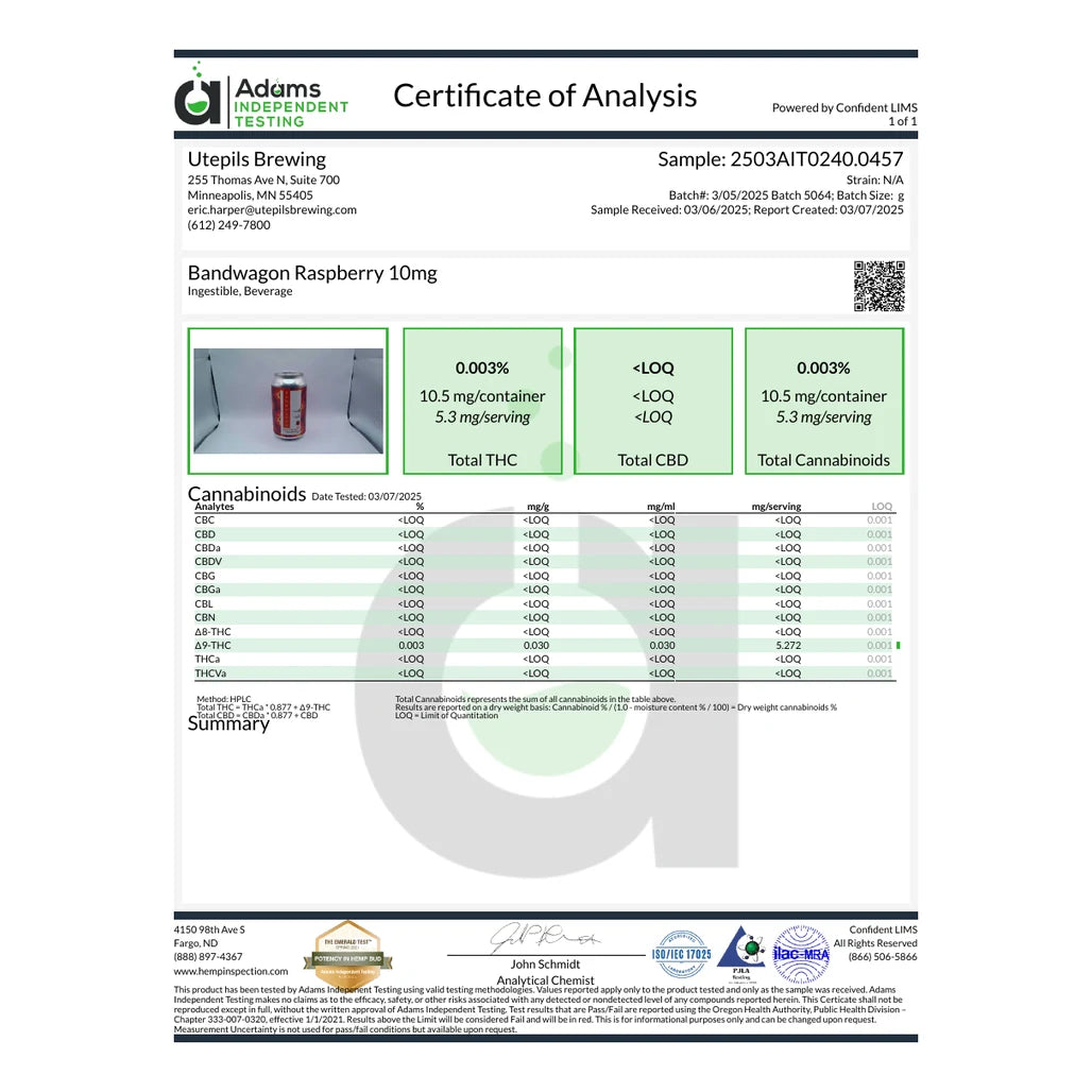 Certificate of analysis: Adams Independent Testing, Raspberry, batch 5064, reported Mar 7, 2025