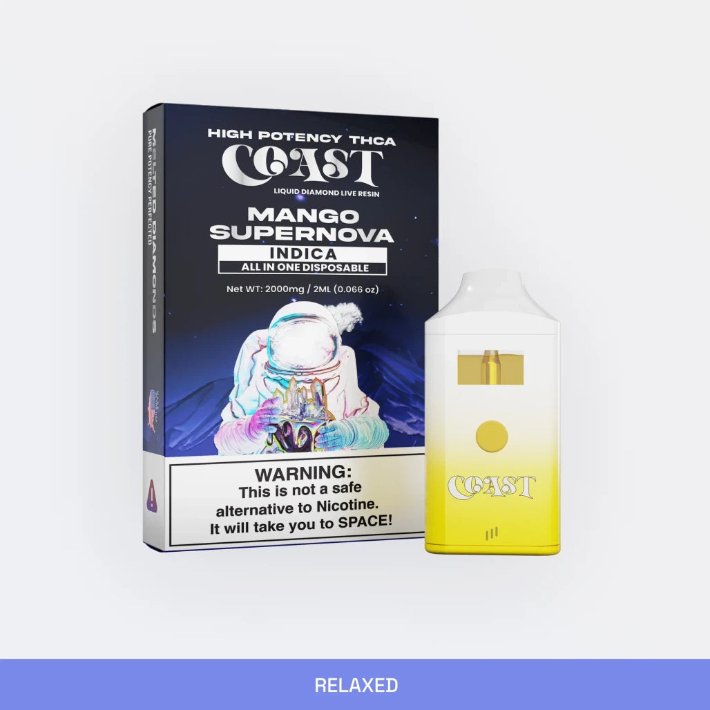 Coast THCA Liquid Diamond Live Resin 2g disposable, Mango Supernova (indica), box and device