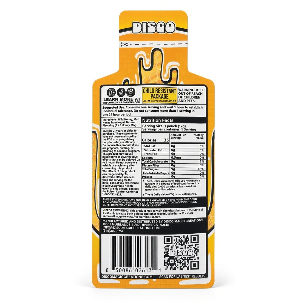 Disco Mad Honey 12g pouch, back label with suggested use, warnings, ingredients and nutrition facts