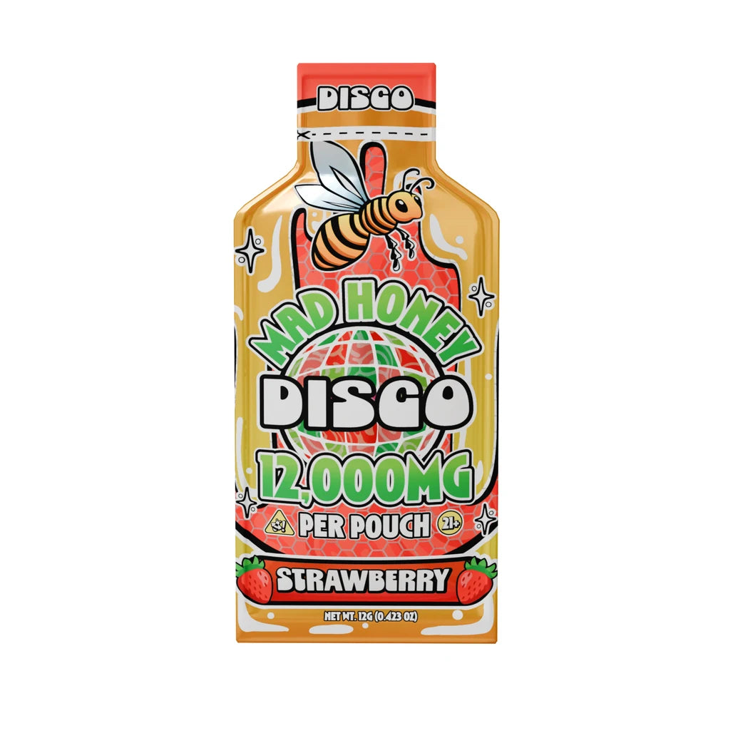 Disco Mad Honey 12,000mg (12g) single-serve pouch, Strawberry, front