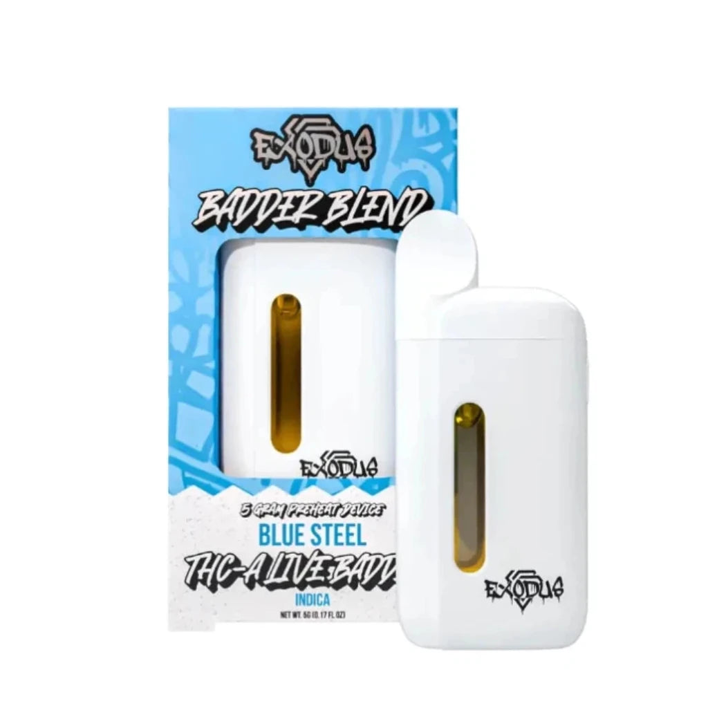 Exodus 5g Badder Blend THCA disposable, Blue Steel indica, golden live badder oil