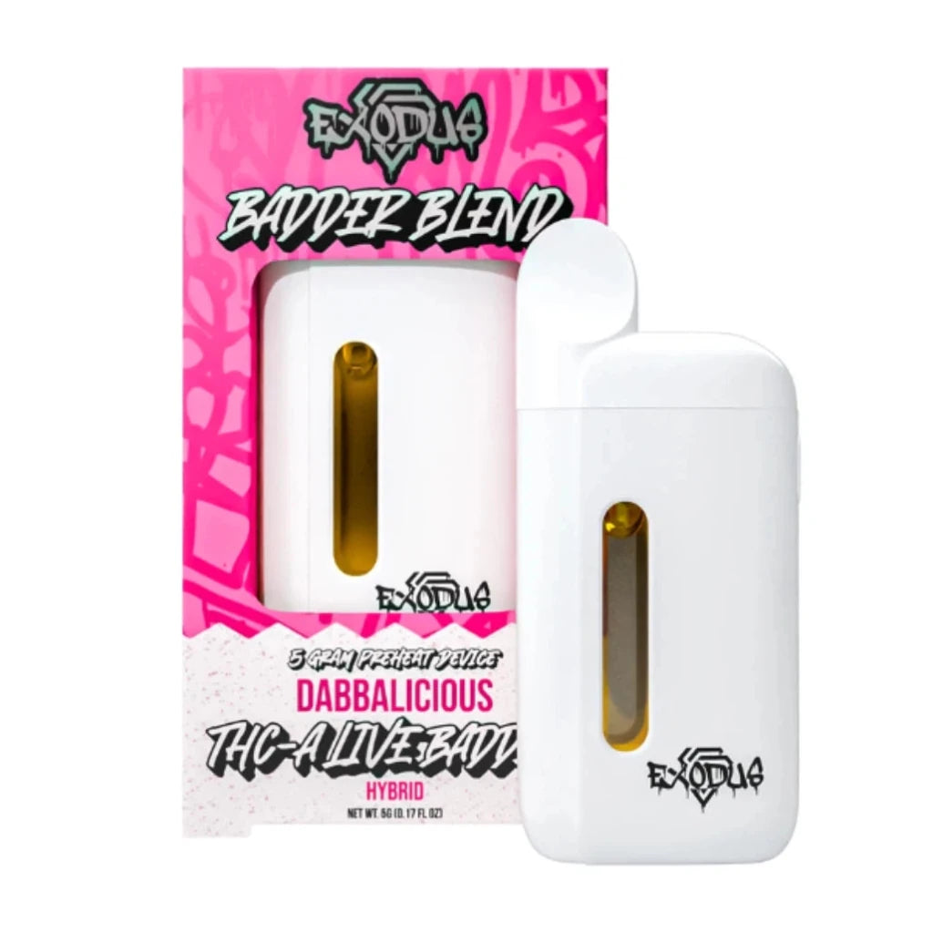 Exodus 5g Badder Blend THCA disposable, Dabbalicious hybrid, 5 gram preheat device