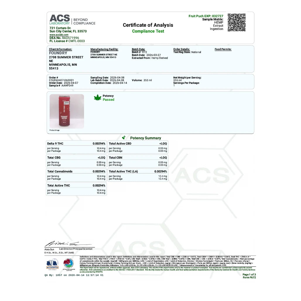 Certificate of analysis: ACS Laboratory, Fruit Punch, batch 072 (EXP 032727), lab batch date Apr 8, 2026