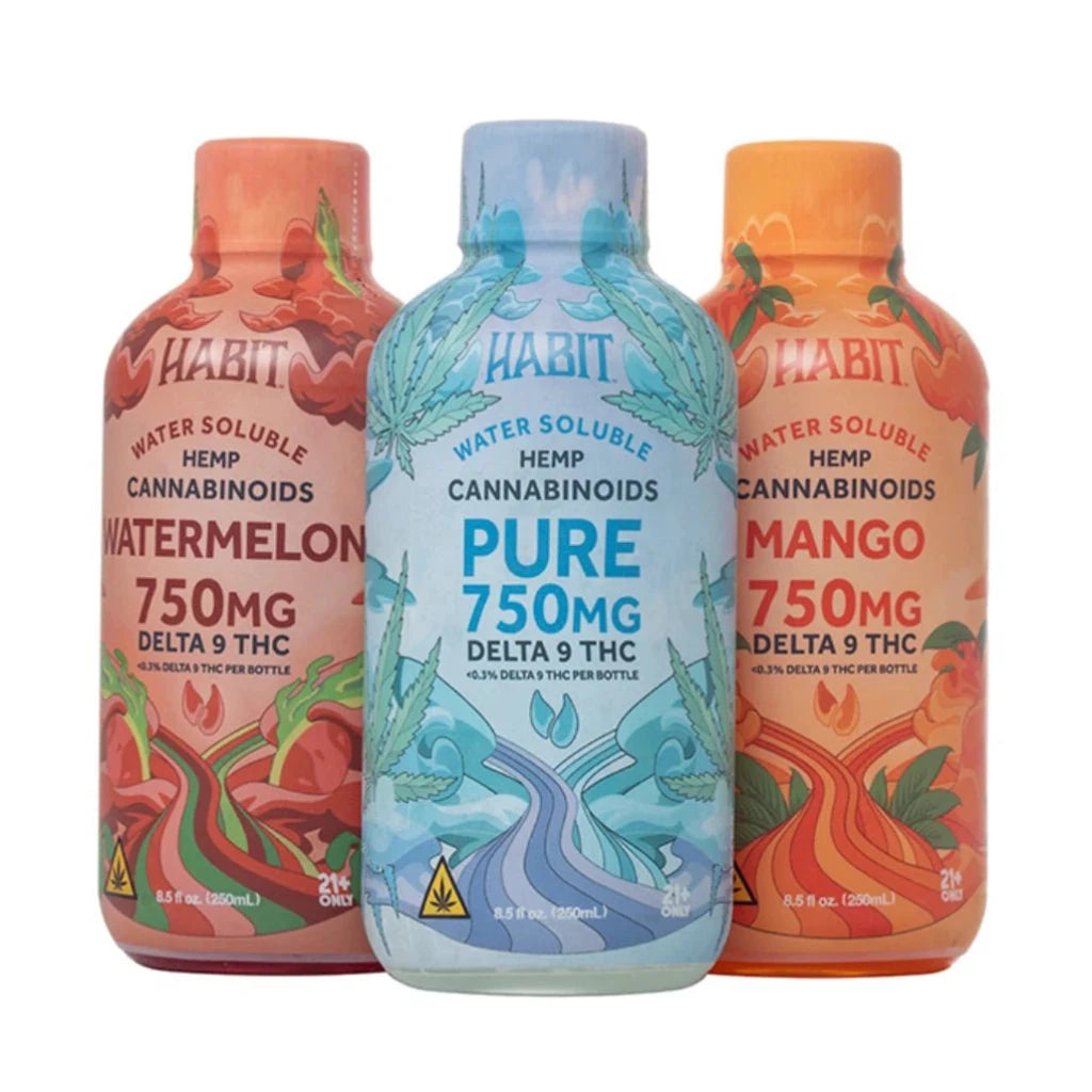 Habit Delta-9 THC Syrup 750mg bottle lineup – nano water-soluble drink mixer