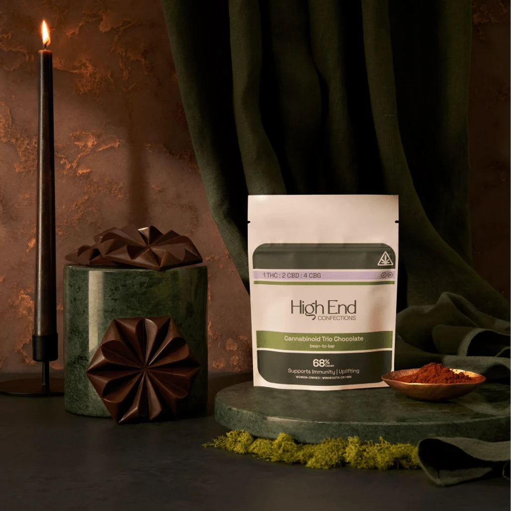 High End Confections Cannabinoid Trio Chocolate pouch with chocolate pieces and a candle
