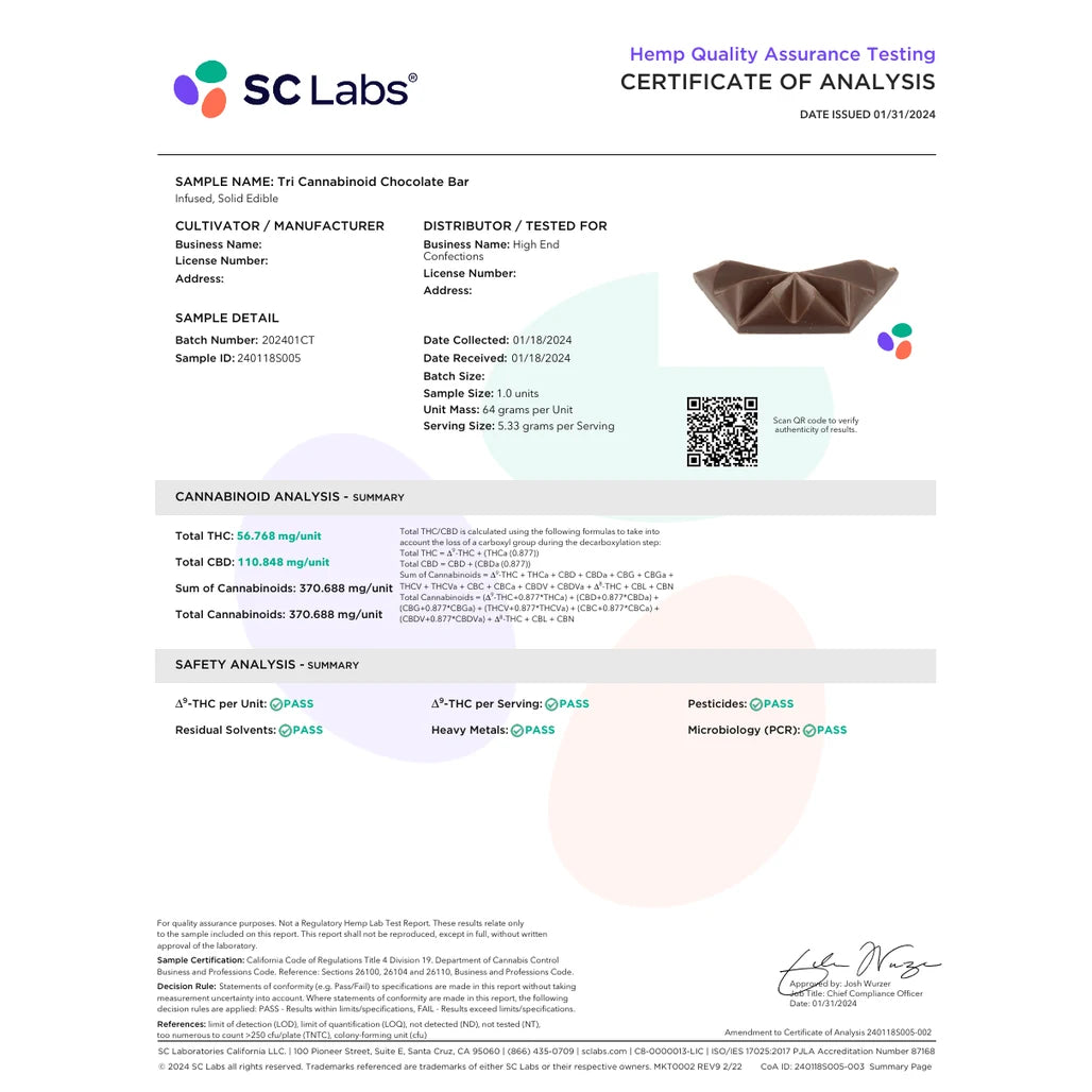 Certificate of analysis: SC Laboratories, Tri Cannabinoid Chocolate Bar, batch 202401CT, Jan 31, 2024