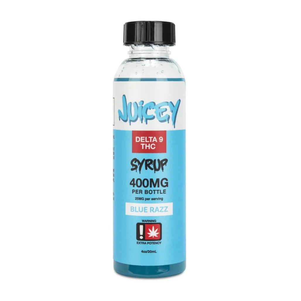 Juicey Blue Razz Delta-9 THC syrup bottle