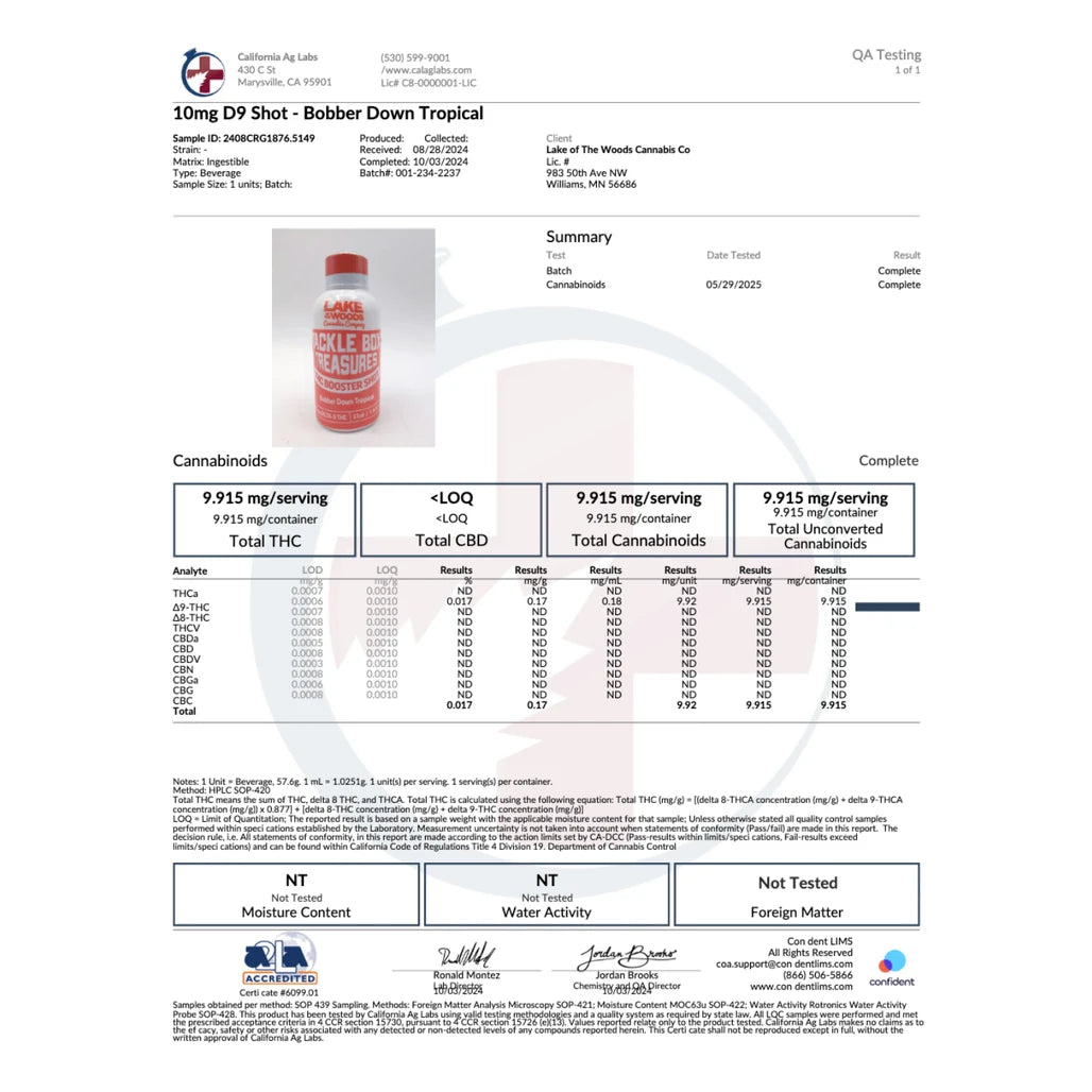 Certificate of analysis: California Ag Labs, Bobber Down Tropical, batch 001-234-2237 (sample 2408CRG1876.5149), completed Oct 3, 2024