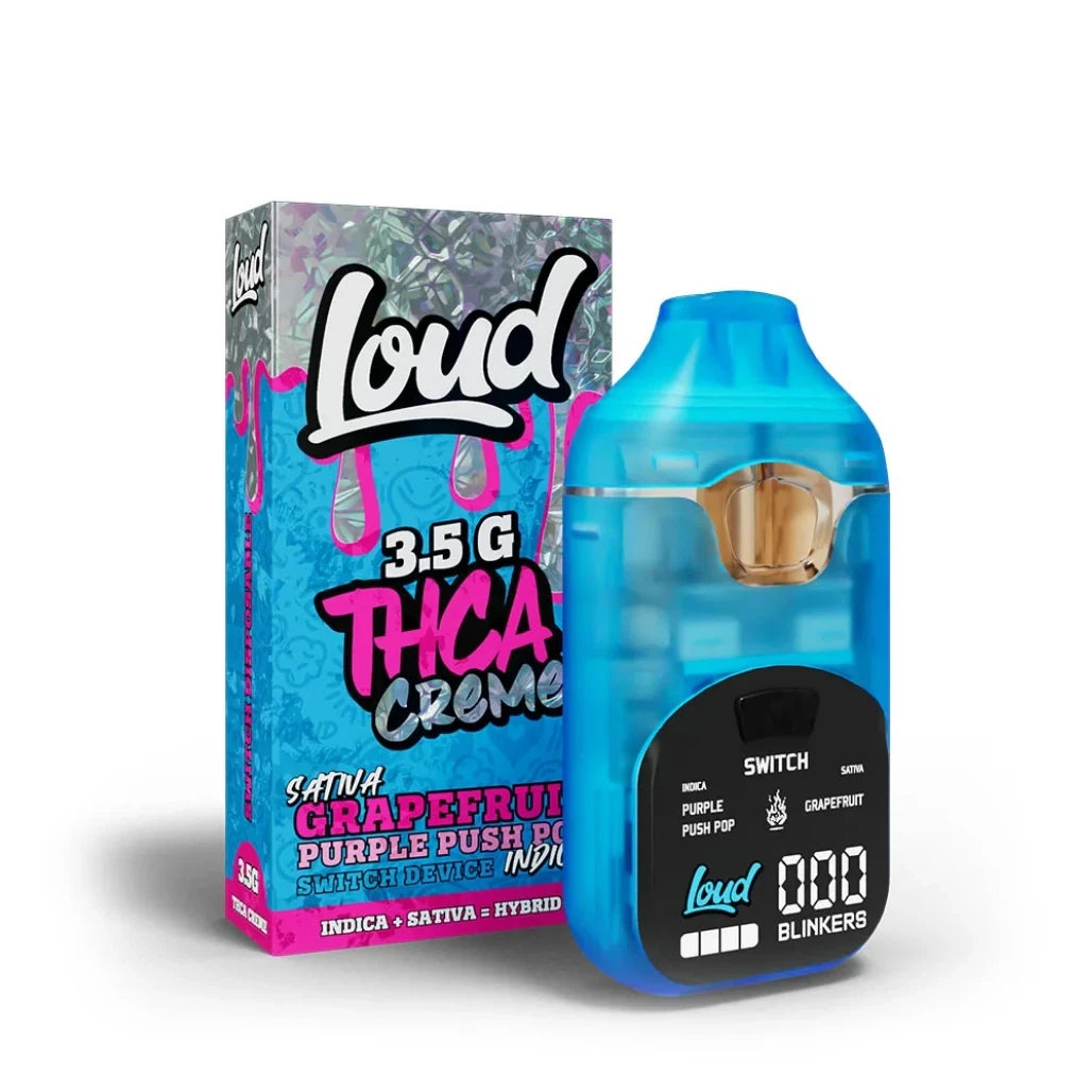 Loud 3.5g THCA Crème Switch dual-chamber disposable, Grapefruit sativa and Purple Push Pop indica