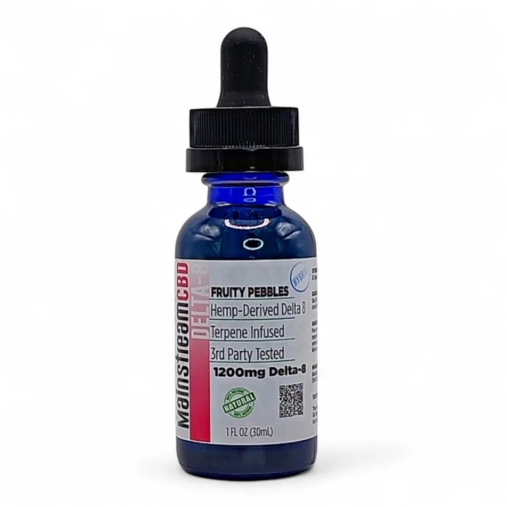 Mainstream CBD Delta-8 THC Tincture Fruity Pebbles (Hybrid), bottle and box