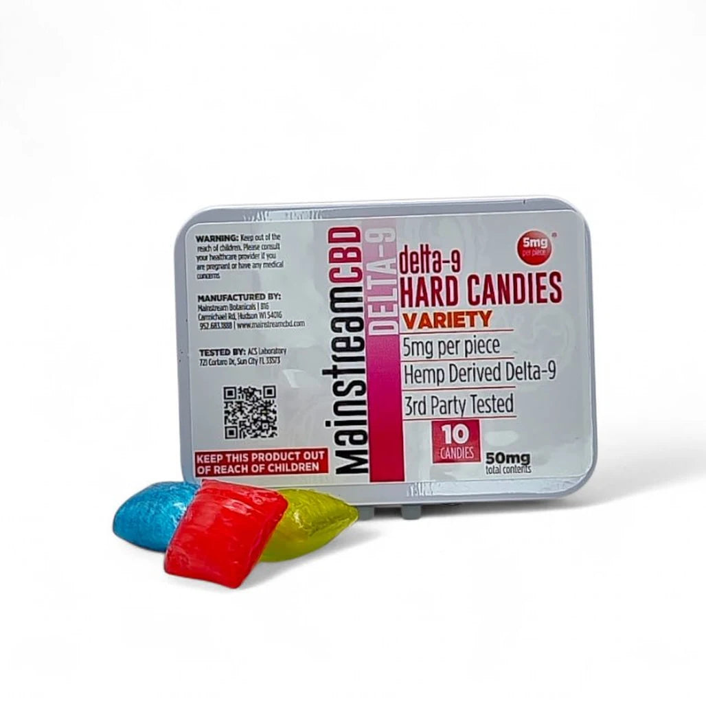 Mainstream CBD Delta-9 THC Hard Candies tin, Variety, 5mg per piece, 10 count