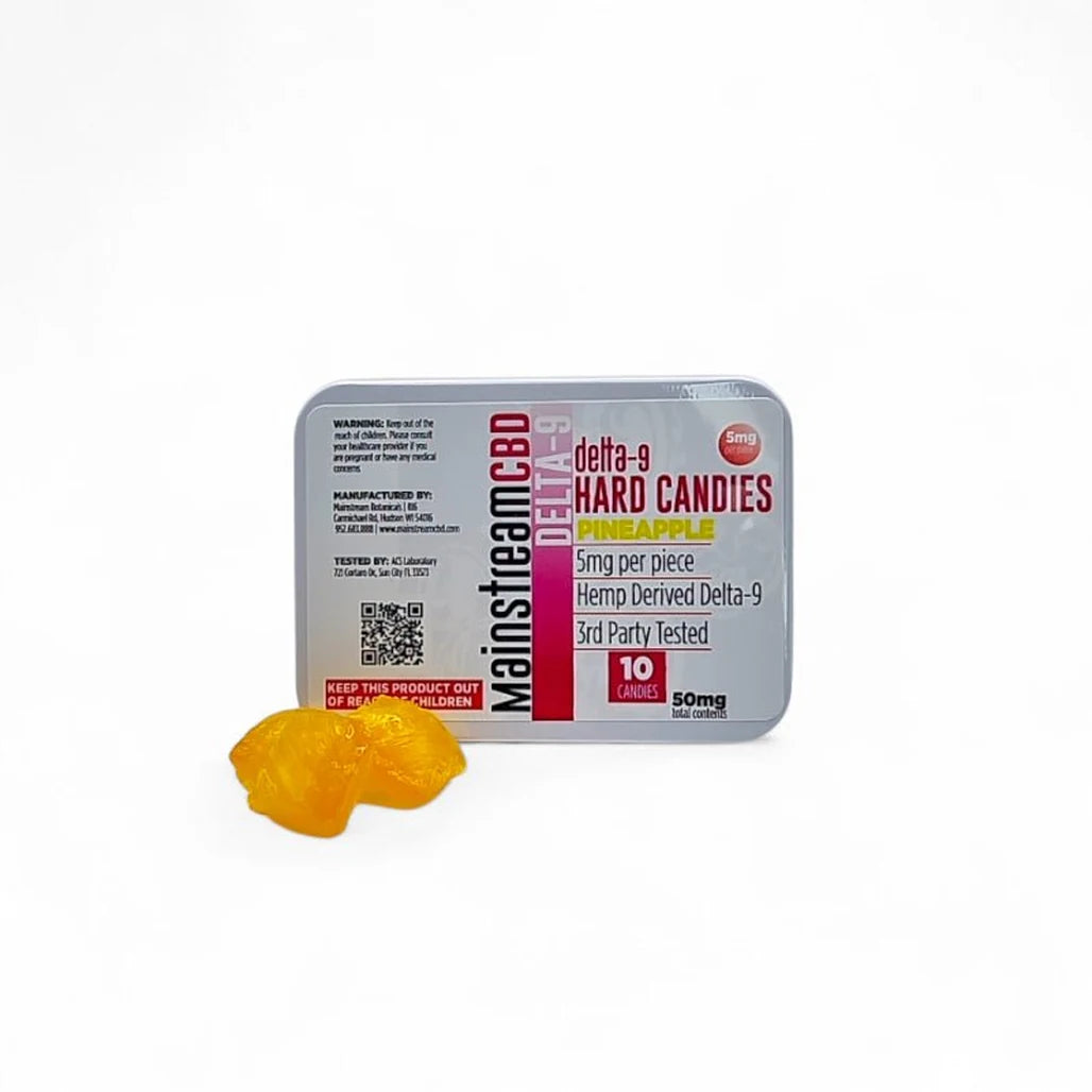 Mainstream CBD Delta-9 THC Hard Candies tin, Pineapple, 5mg per piece, 10 count