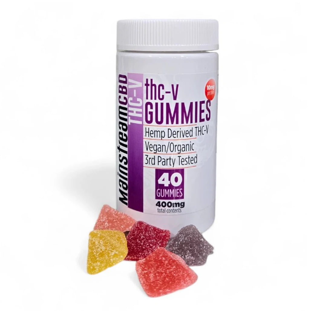 Mainstream CBD THC-V Gummies jar, 40 count, 400mg, with mixed fruit gummies