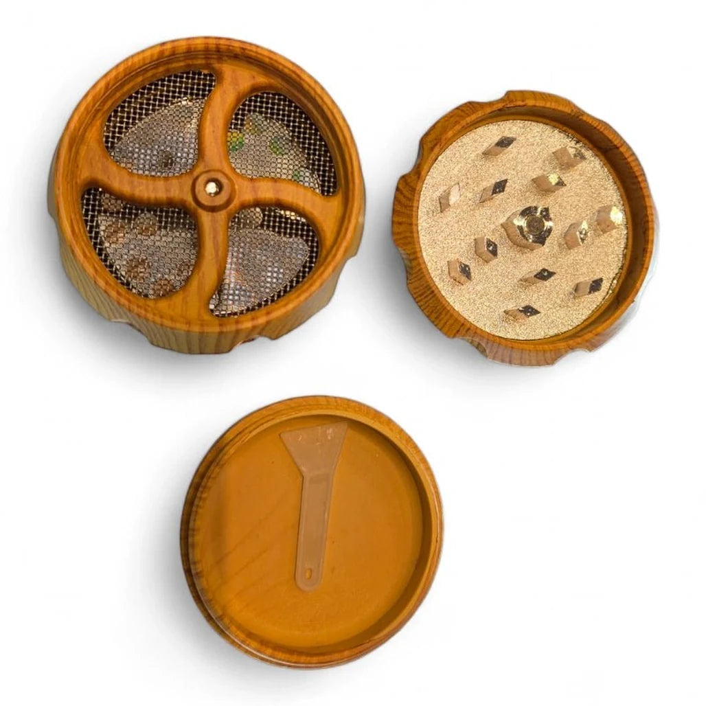 Mainstream CBD wooden grinder, open, showing teeth and kief screen