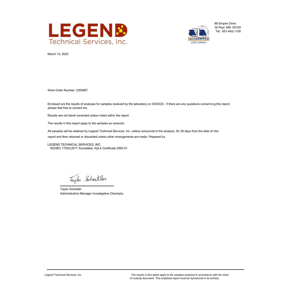 Certificate of analysis: Mark Bites, Legend Technical Services, sample 2300857-01