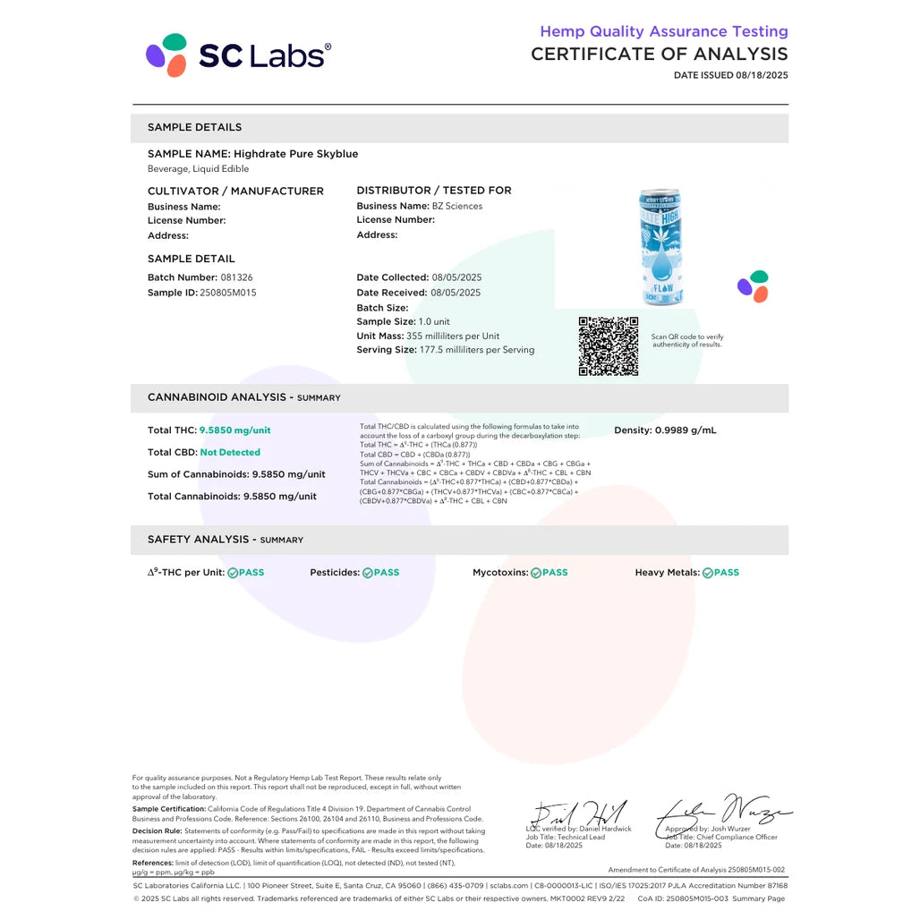 Certificate of analysis: SC Laboratories California, Highdrate Pure Sky Blue Water, batch 081326, reported Aug 18, 2025