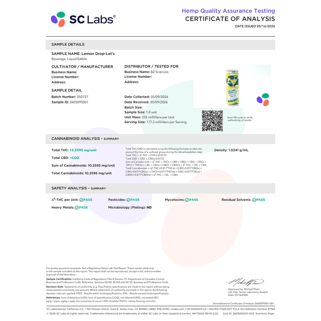 Certificate of analysis: SC Laboratories California, Lemon Drop-lets, batch 050727, reported May 16, 2026