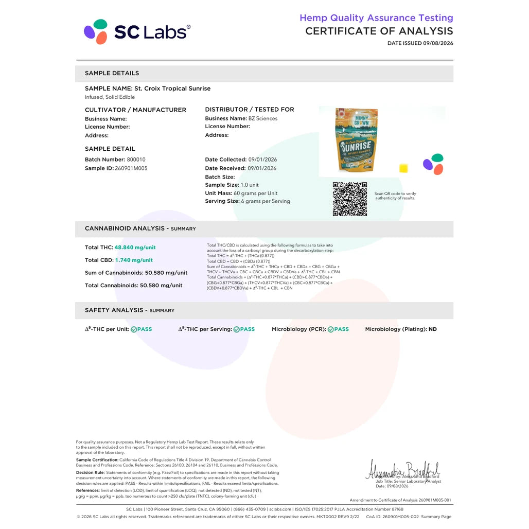 Certificate of analysis: SC Labs, St. Croix Tropical Sunrise, batch 800010, issued Sep 8, 2026