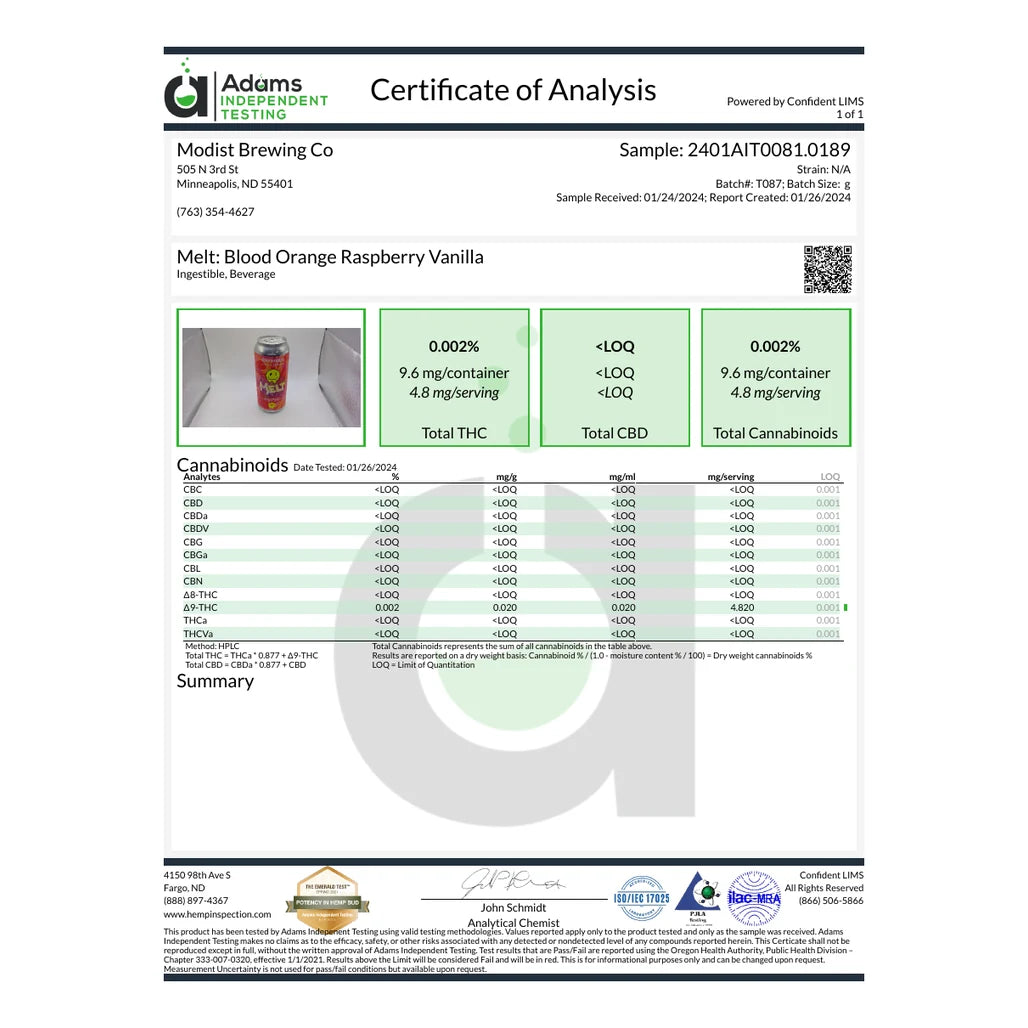 Certificate of analysis: Adams Independent Testing, Melt Blood Orange Raspberry Vanilla, batch T087, reported Jan 26, 2024