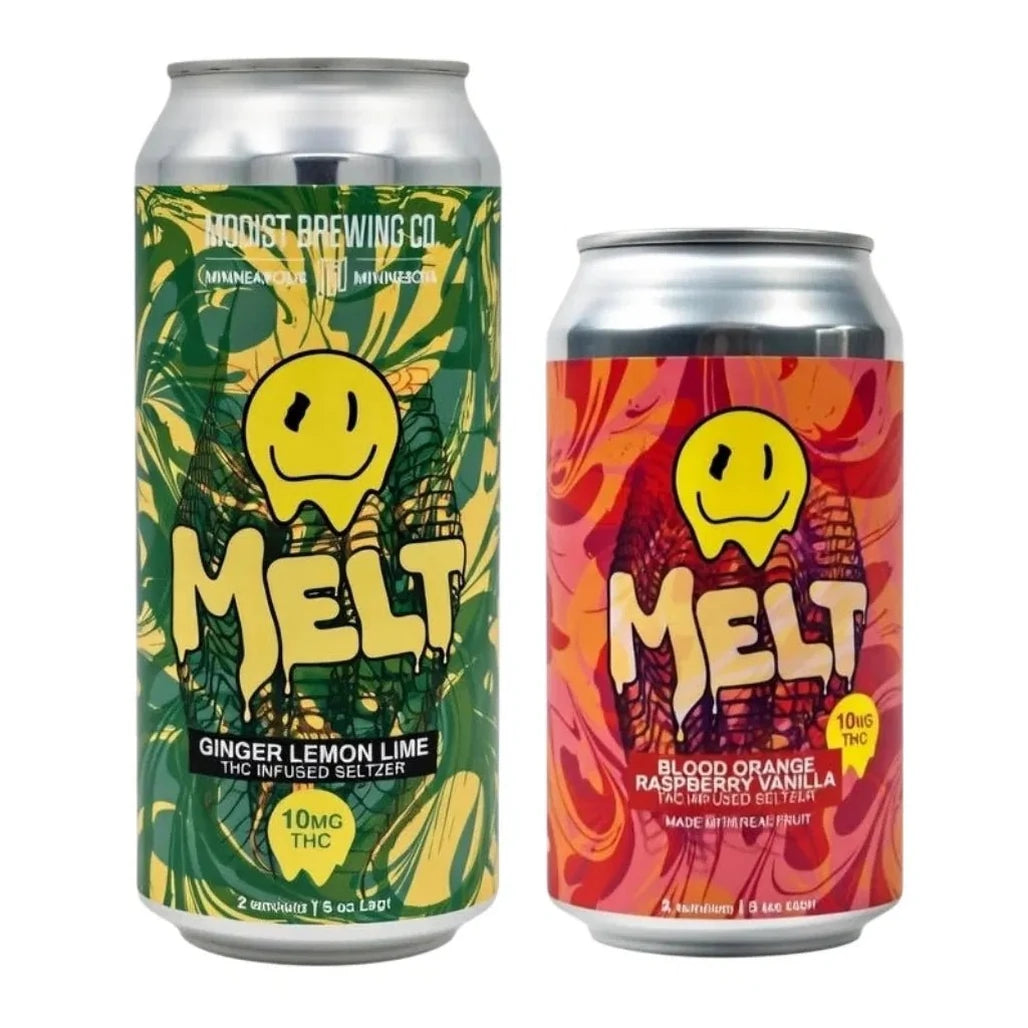Modist Melt THC seltzer cans, Ginger Lemon Lime and Blood Orange Raspberry Vanilla