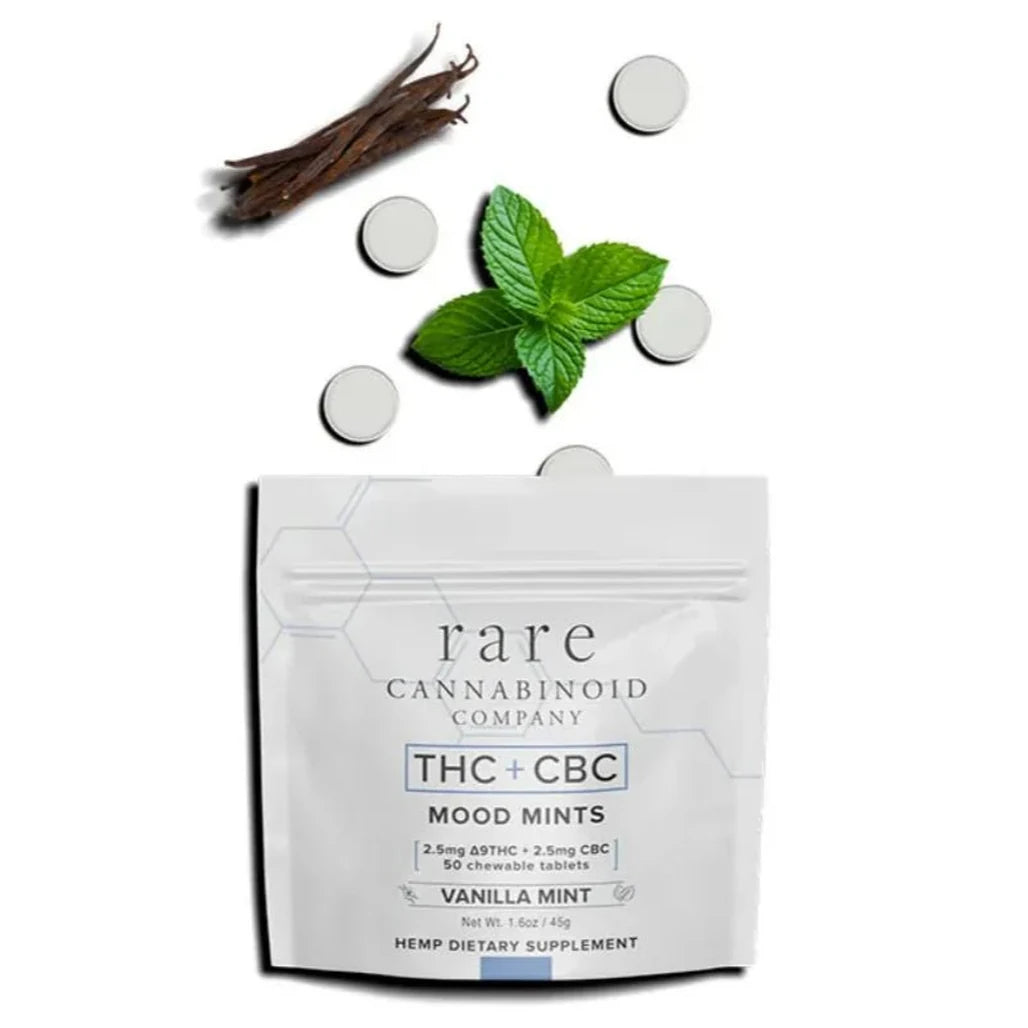 Rare Cannabinoid Company THC + CBC Mood Mints vanilla mint pouch with mint leaves and vanilla bean