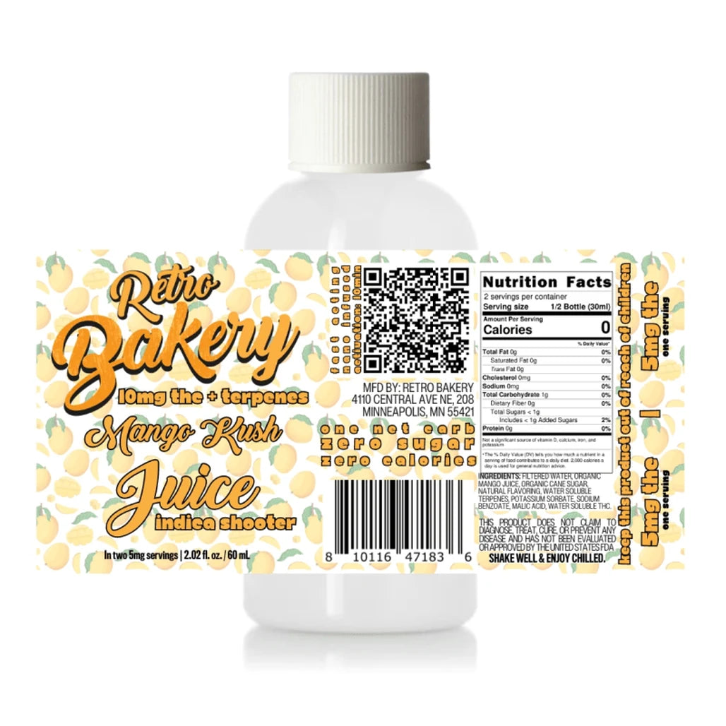 Retro Bakery 10mg THC Shot, Mango Kush Juice (Indica), 2oz bottle