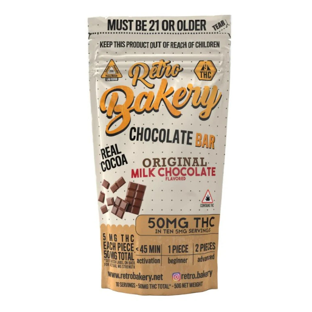 Retro Bakery Original Milk Chocolate Bar package, 50mg THC