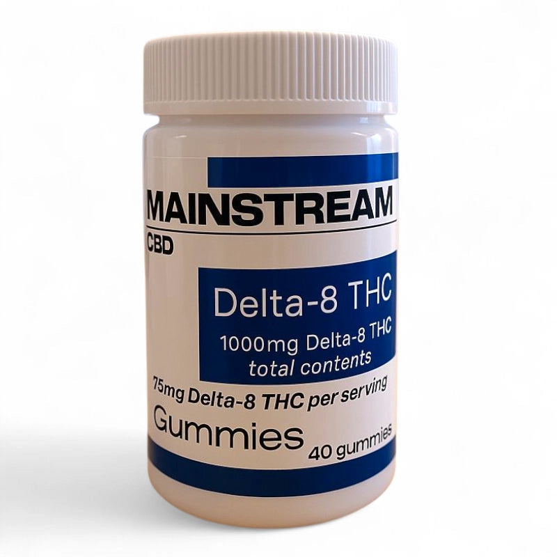 Bottle of Mainstream Delta-8 THC gummies on a white background