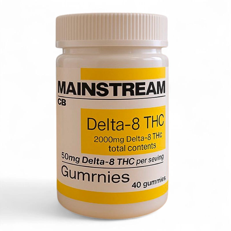 Jar of Mainstream Delta-8 THC gummies on a white background
