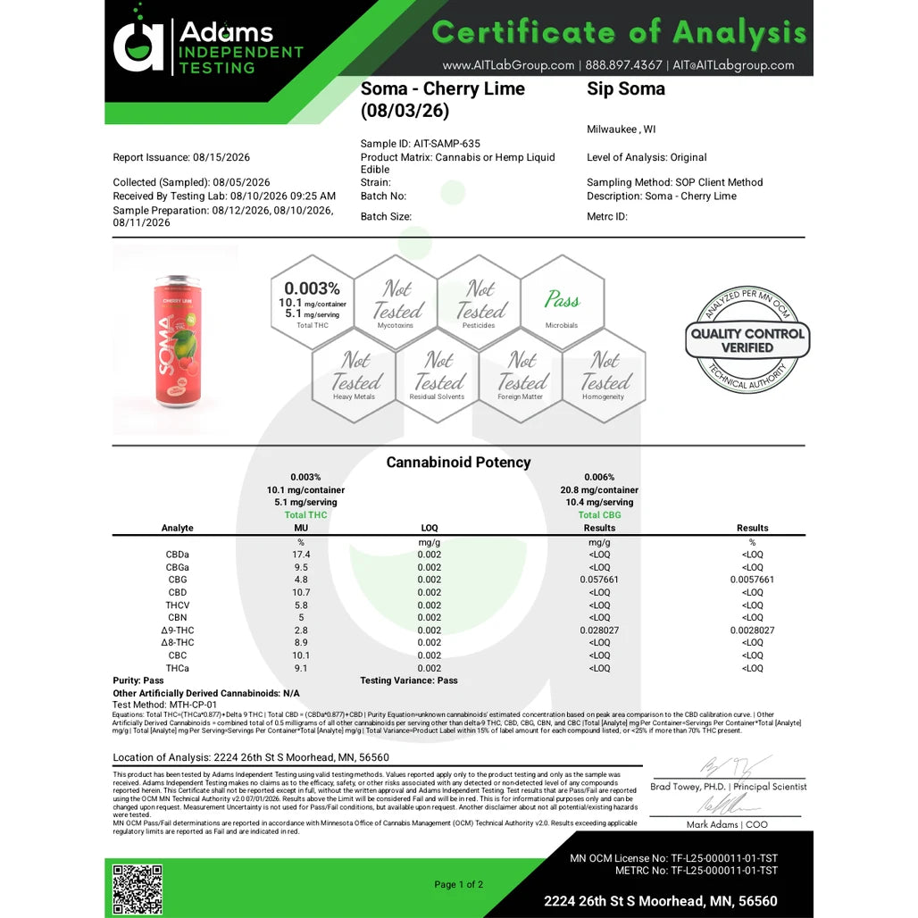 Certificate of analysis: Adams Independent Testing, Soma Cherry Lime, received Aug 10, 2026 (canned Aug 3, 2026)