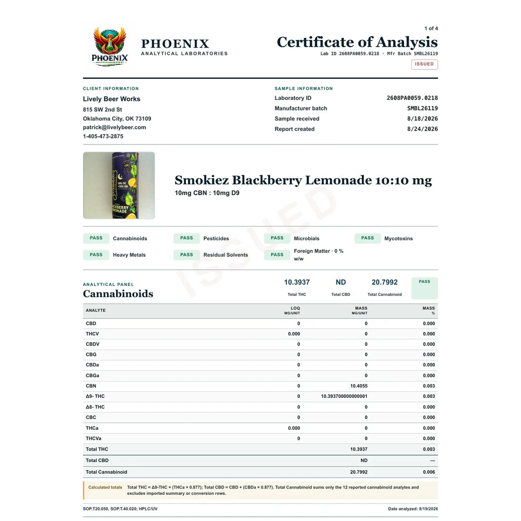 Certificate of analysis: Phoenix Analytical Laboratories, Blackberry Lemonade 10:10, batch SMBL26119, reported Aug 24, 2026