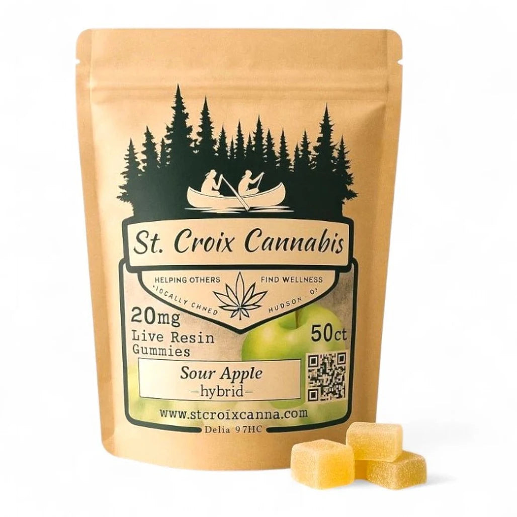 St. Croix Canna Sour Apple (Hybrid) 20mg live resin gummies, 50 count pouch