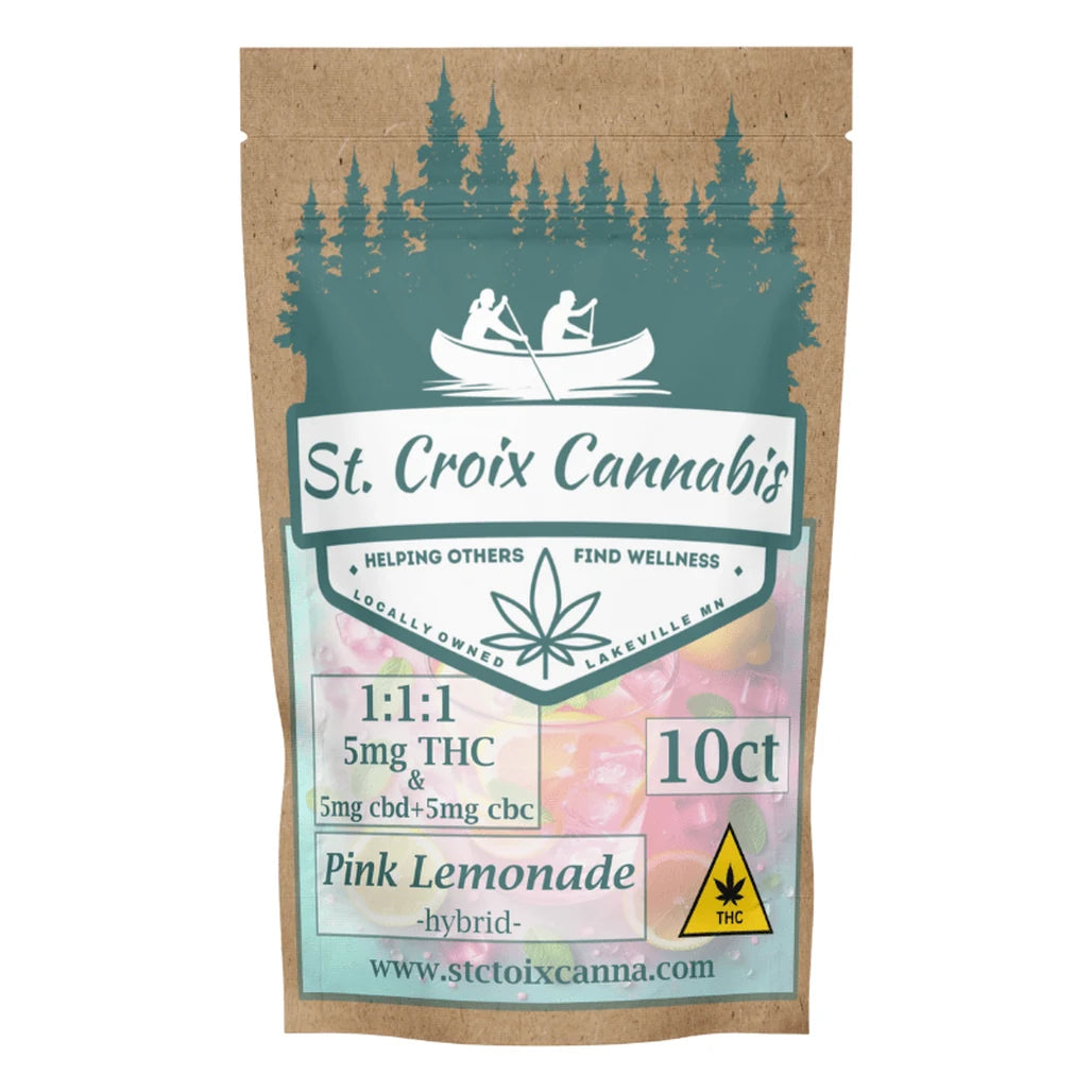 St Croix Canna Pink Lemonade gummies pouch, 5mg THC + 5mg CBD + 5mg CBC, 10 count