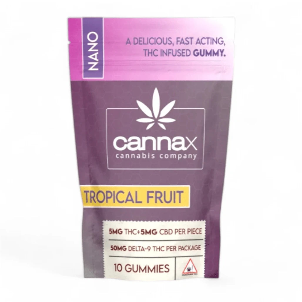 CannaX Tropical Fruit Nano gummies pouch, 5mg THC + 5mg CBD per piece, 10 count