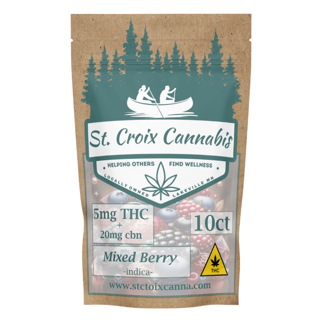 St Croix Canna Mixed Berry indica gummies pouch, 5mg THC + 20mg CBN, 10 count