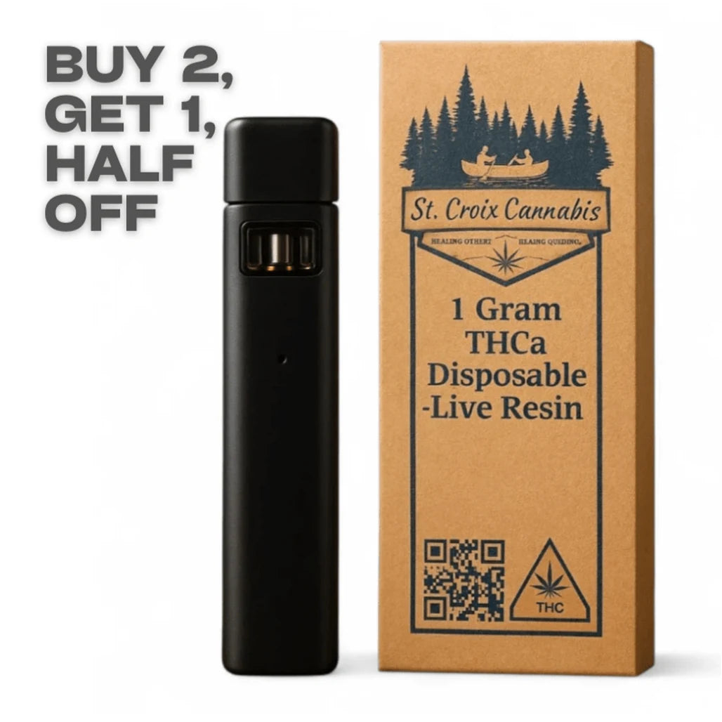 St. Croix Cannabis 1g THCa live resin disposable vape and box (Buy 2, Get 1 Half Off promo graphic)