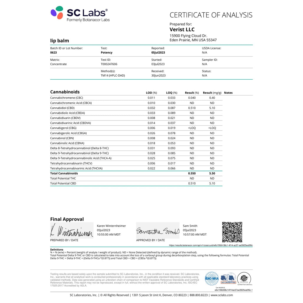 Certificate of analysis: SC Laboratories, batch 0623, Jul 5, 2023, Verist lip balm