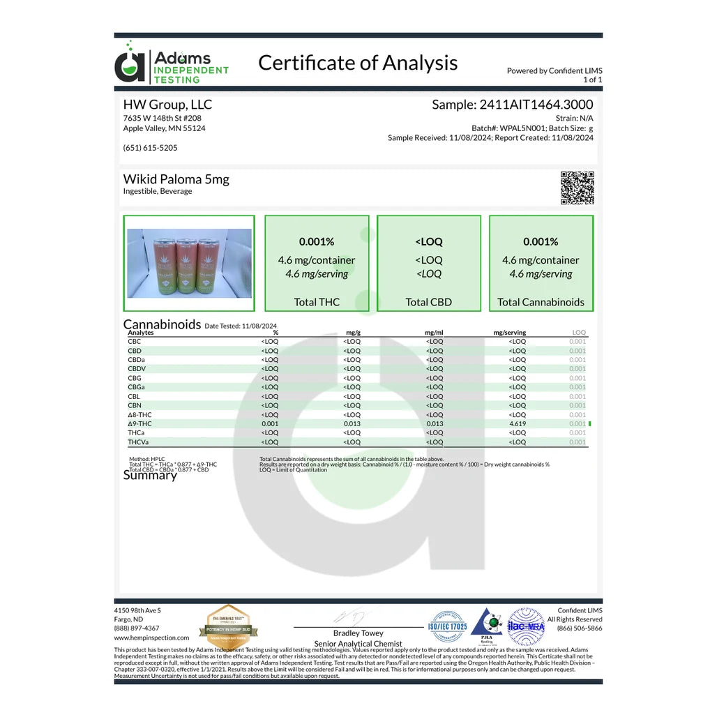 Certificate of analysis: Adams Independent Testing, 5mg Paloma, batch WPAL5N001, reported Nov 8, 2024