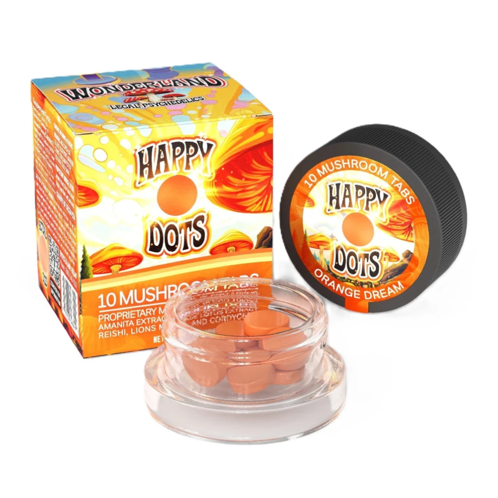 Wonderland Happy Dot Mushroom Tabs 10ct Orange Dream jar – legal Amanita nootropic blend