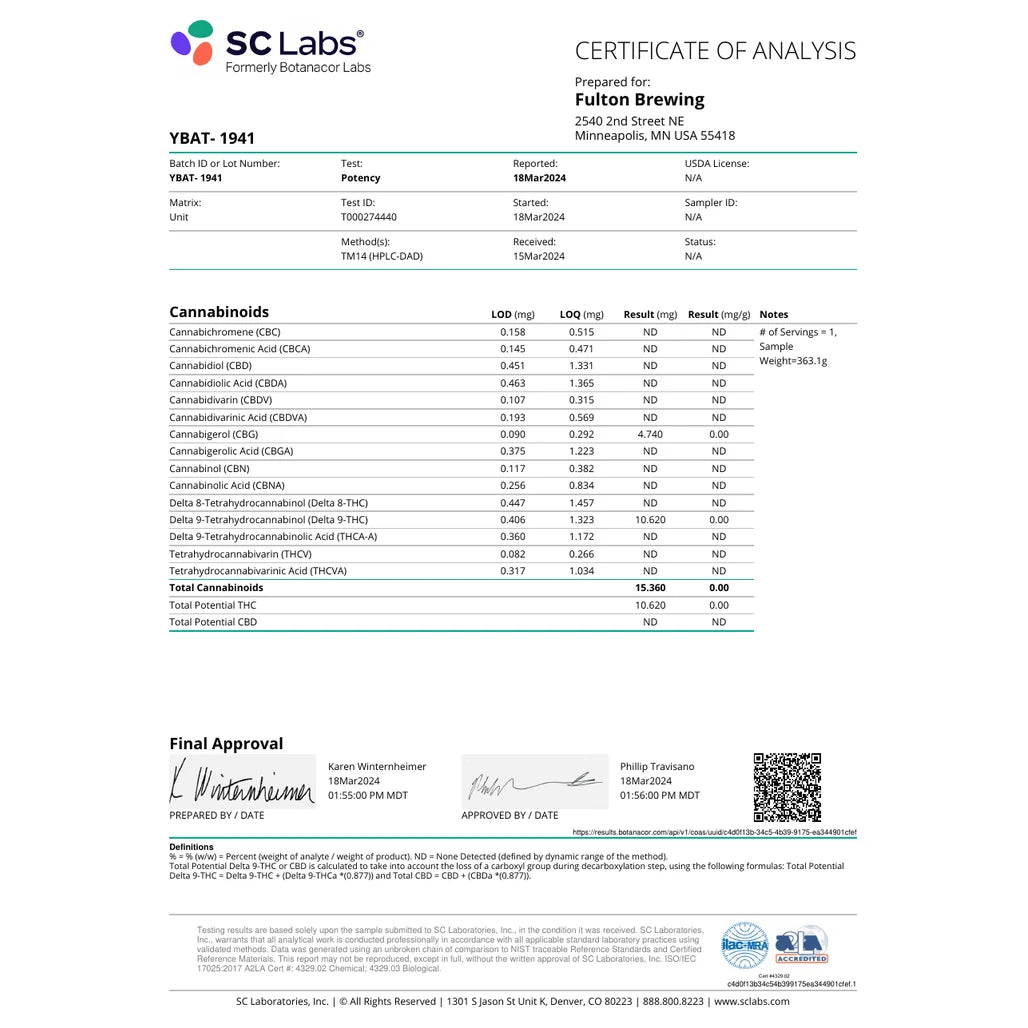 Certificate of analysis: SC Laboratories, You Betcha Kiwi Strawberry, batch YBAT-1941, reported Mar 18, 2024