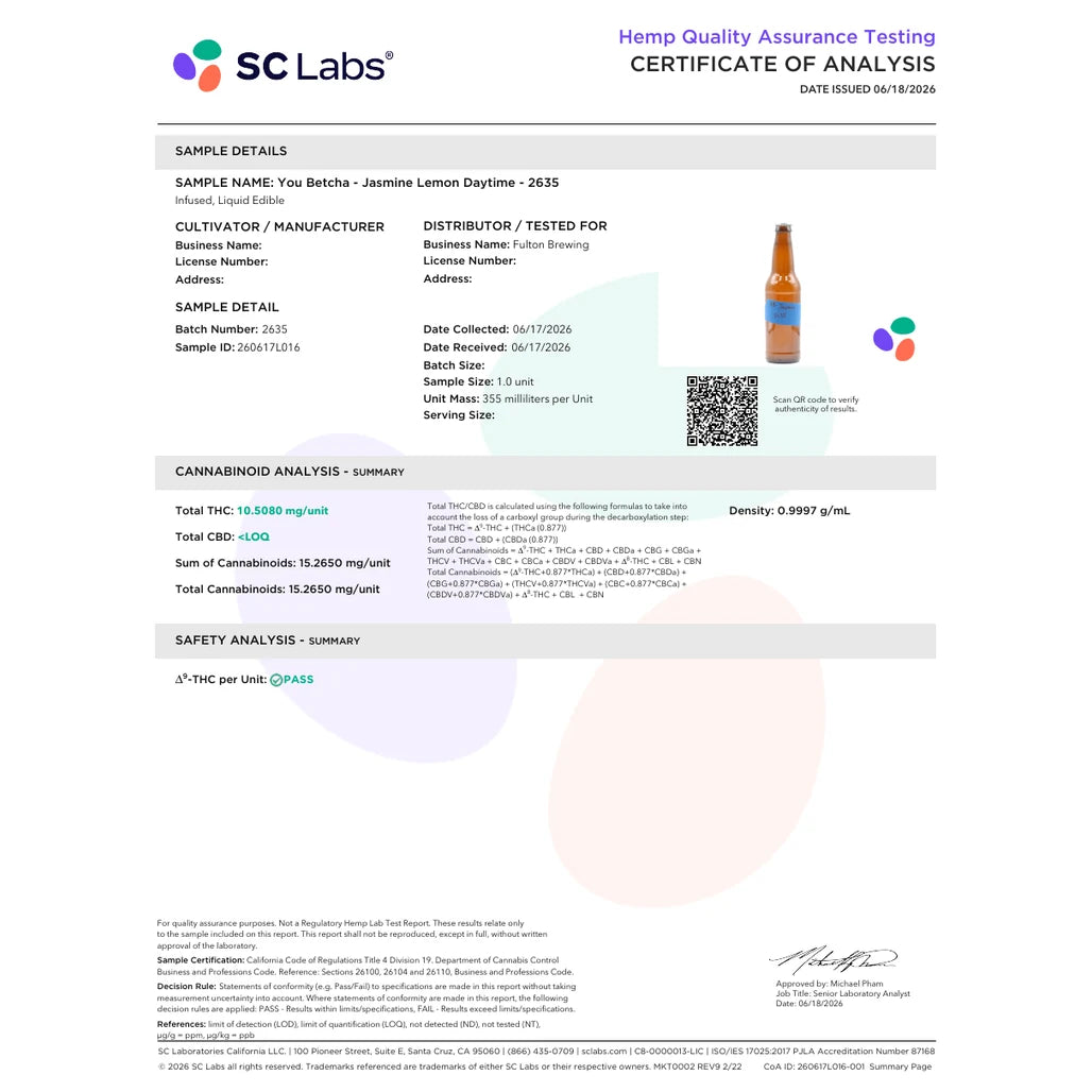 Certificate of analysis: SC Laboratories California, Jasmine Lemon Daytime, batch 2635, issued Jun 18, 2026