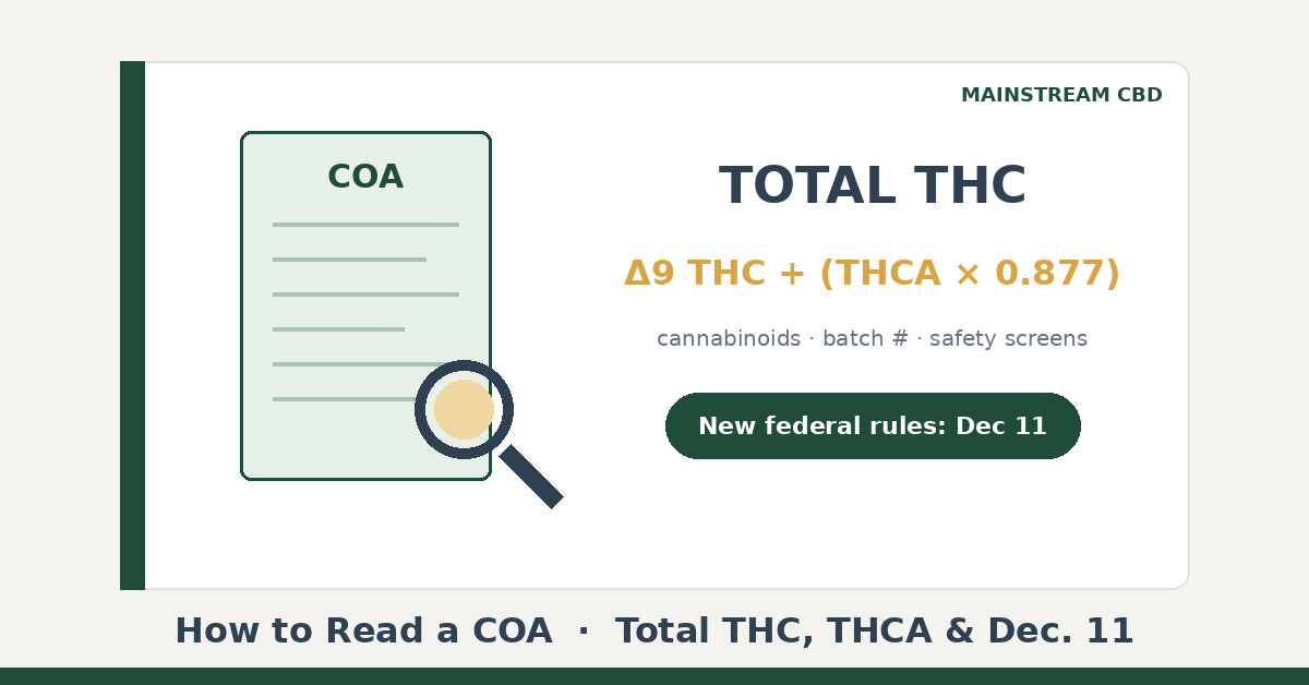 How to Read a COA graphic from Mainstream CBD showing a lab report with a magnifying glass and the Total THC formula