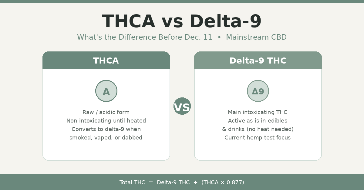 THCA vs Delta-9 comparison graphic from Mainstream CBD with total THC formula and Dec. 11 subtitle