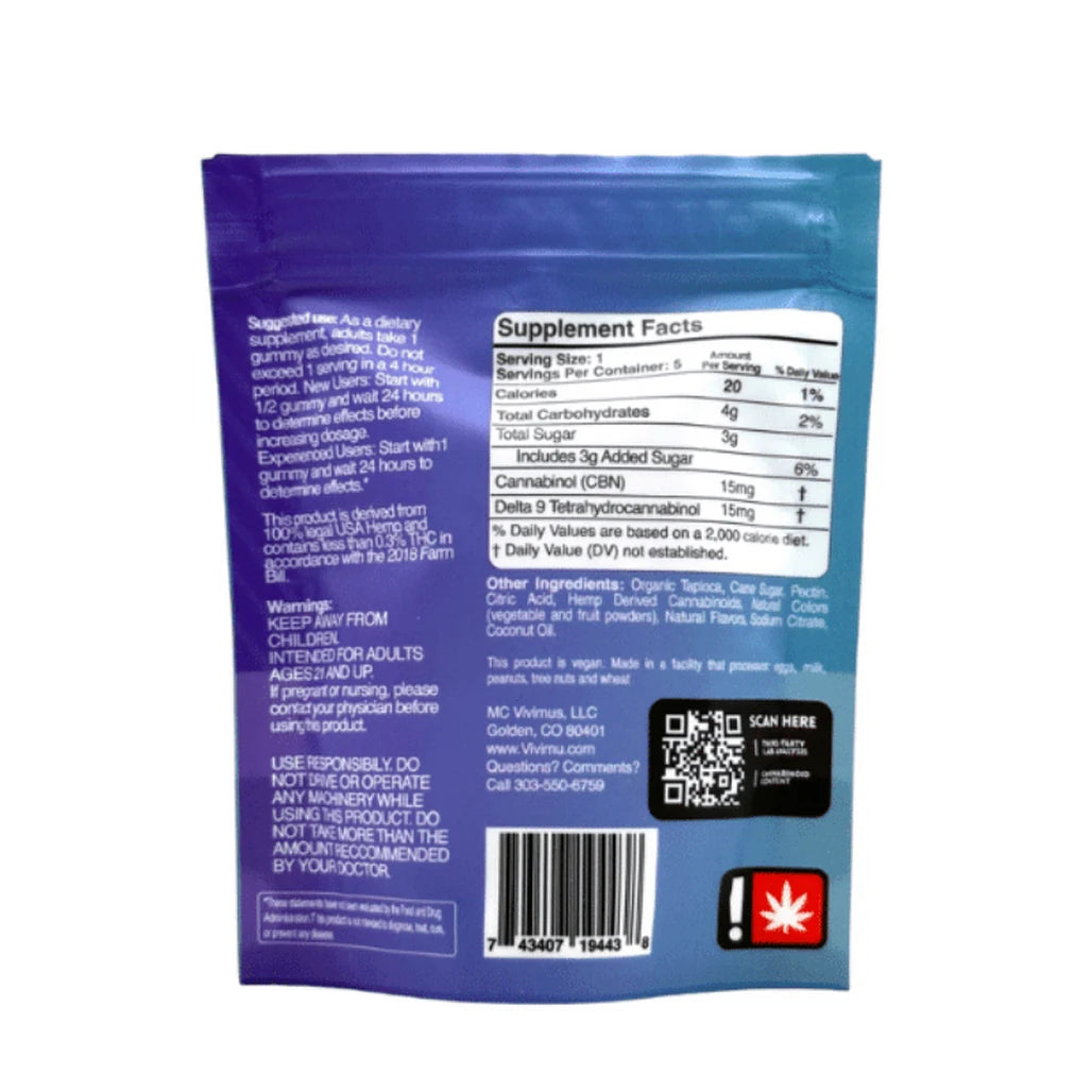 Vivimu Blue Raspberry D9 + CBN gummies bag back, Supplement Facts